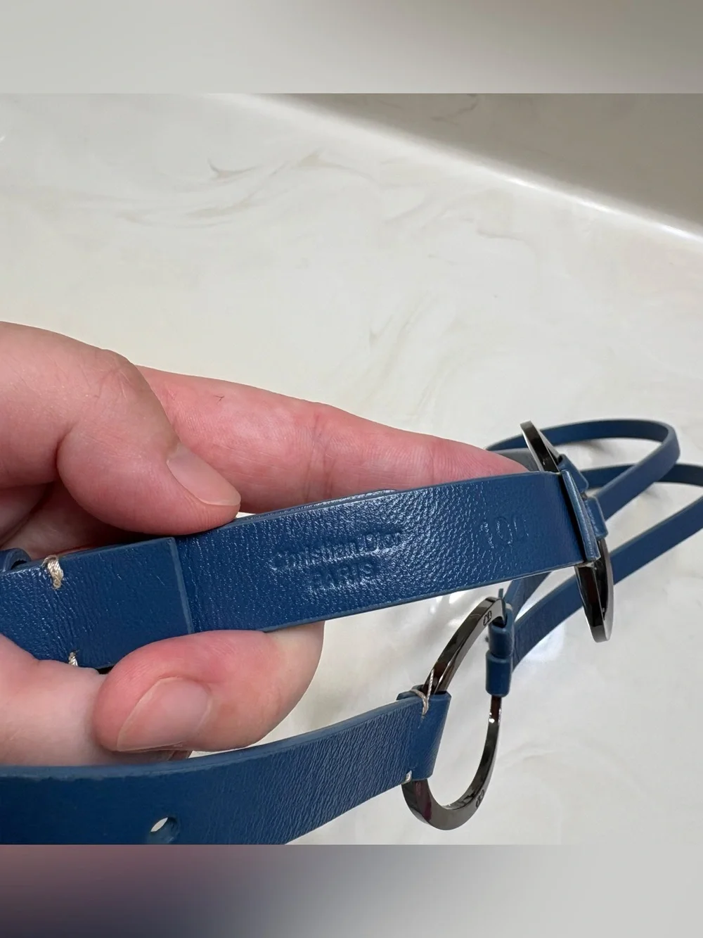 Dior Blue Leather womens Belt with Silver Logo Buckle